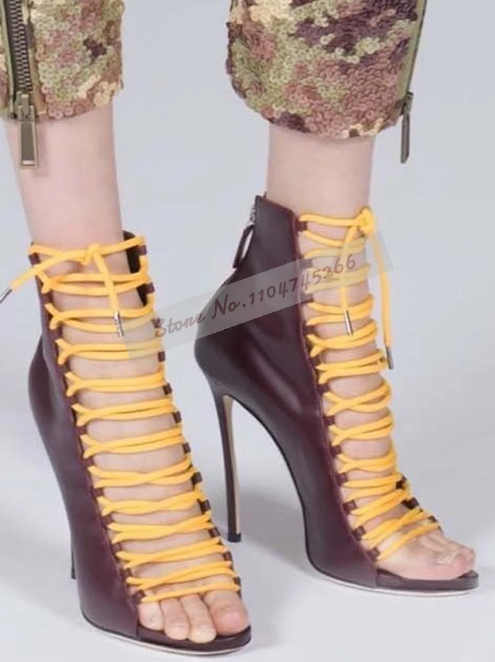 

Burgundy Matte Retro Style Ankle Boots Yellow Rope Lace-Up Sandal Booties Thin High Heel Open Toe Caged Hollow Out Dress Shoes
