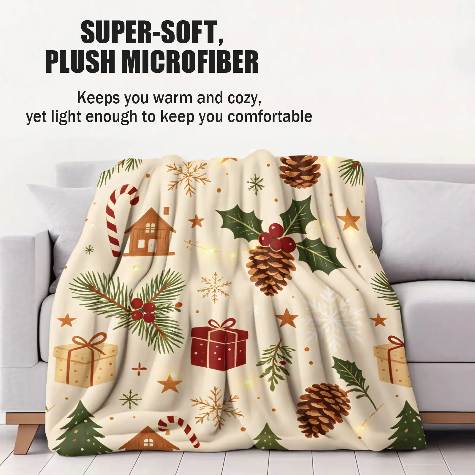 Vintage Christmas Flannel Throw Blanket Pine Cone Holly Candy Cane Gift Box House Snowflake Print Soft Microfiber Blanket Sofa