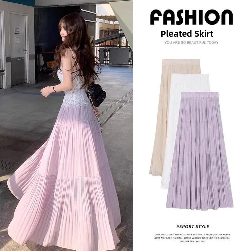 

Purple Midi Skirt Women's Spring Summer Thin High Waist Slim A-Line Umbrella Skirt Pleated Cake Style Half-length Skirt