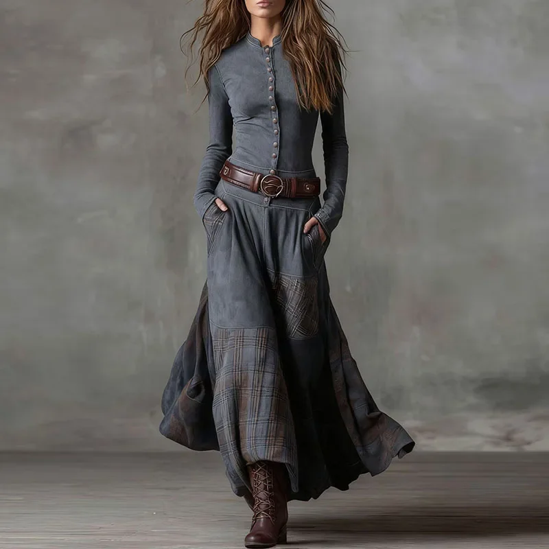 Chic Imitation Suede Patchwork Plaid Print Maxi Dress Woman Stand Collar Button Party Dress Autumn Long Sleeve  Boho Dress