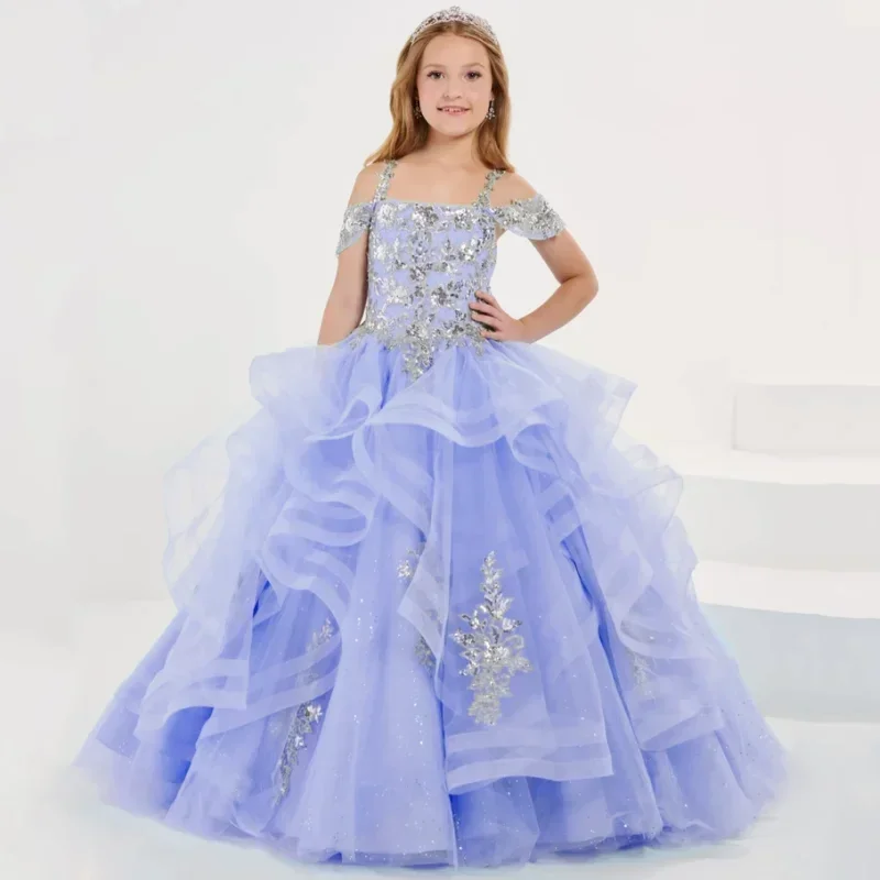 Vestidos de niña de flores sin mangas para boda, fiesta de cumpleaños, banquete, vestidos de princesa, tul azul cielo, apliques de flor plateada escalonados