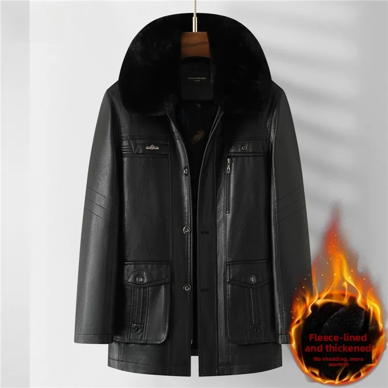

Thiened Fce Warm Winter Jaet Men's Leather Coat Detachable Collar Busin Casual Sle Mid-Length Loose Fit PU Leather