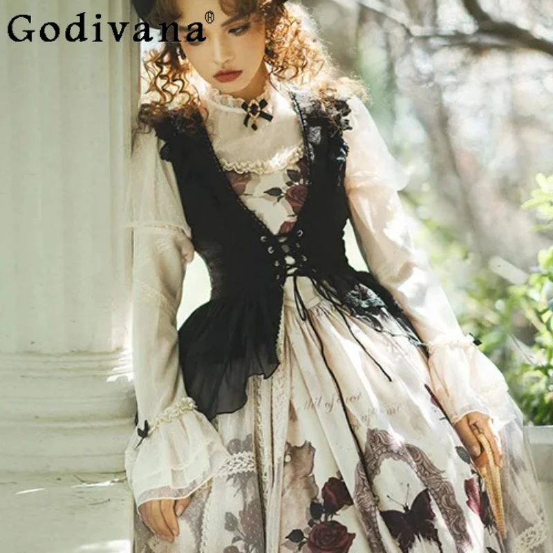 

Gothic Lolita Stand-up Collar Sweet Ruffles Cute Bow Long Sleeve Shirt Girls Summer New Elegant Age-reducing Versatile Shirts