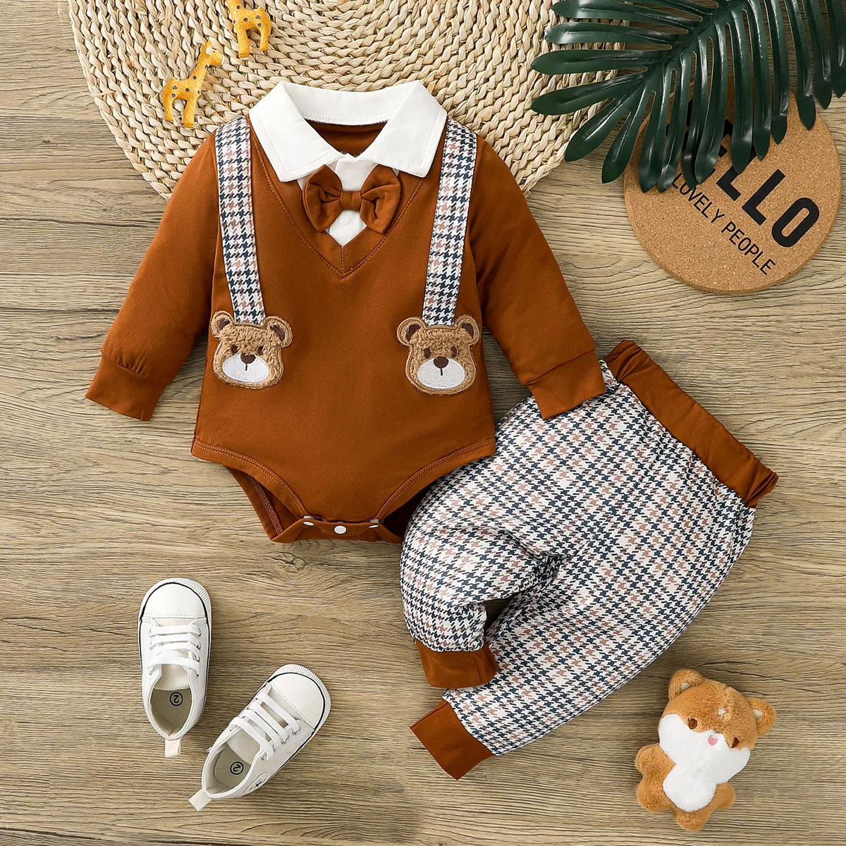 Baby Boys Bear Pattern Gentleman Style Romper Set