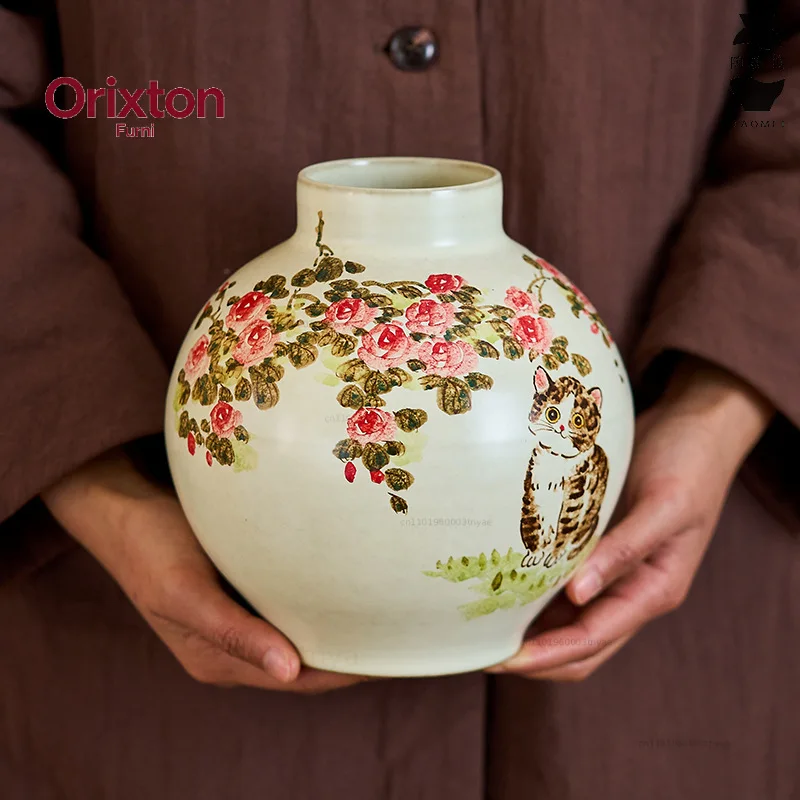 Rose hydroponic ceramic vase, hand-painted cat, living room decorative item, flower arrangement