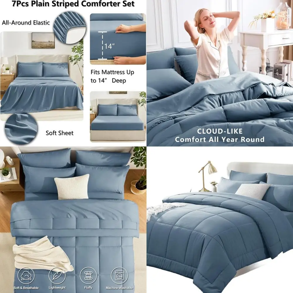 

7-Piece Mineral Blue Full Comforter Set: All-Season Quilted Bedding with Sheets and Pillowcases