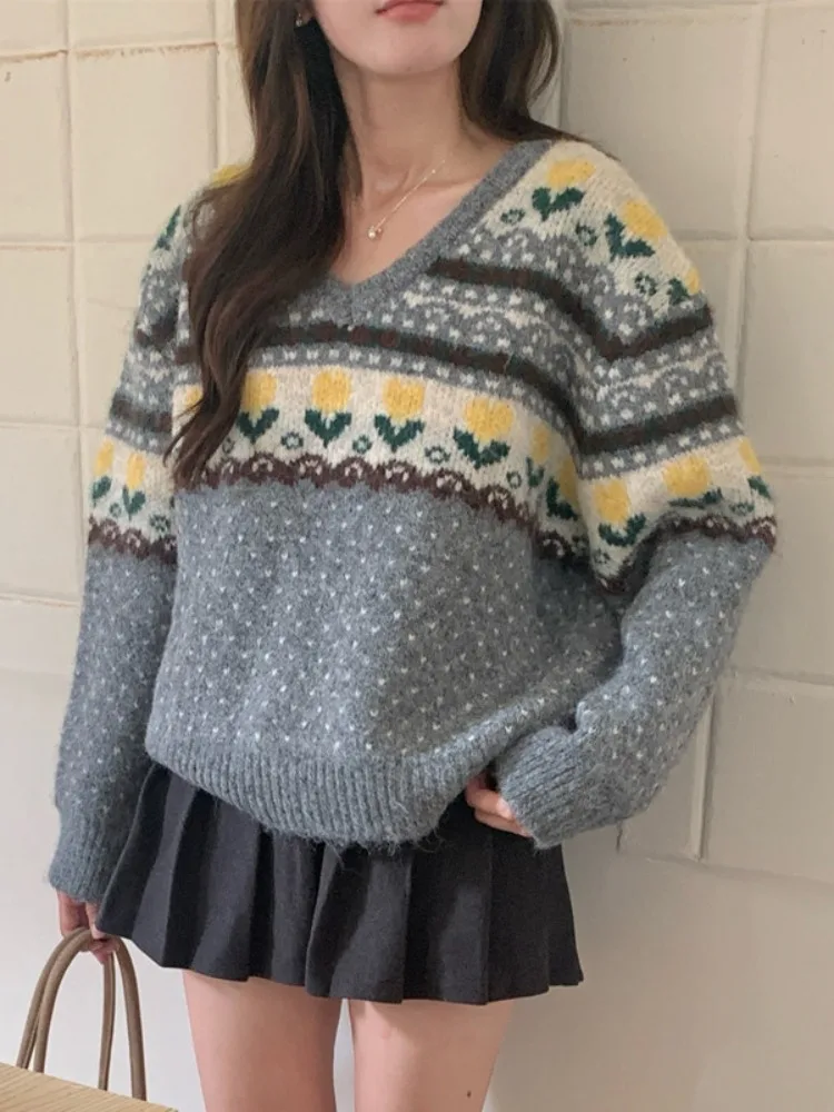 

Мягкий свитер в стиле ретро V-Ne Color Blo, женский свободный вязаный топ, новинка зимы, универсальный удобный длинный свек Crew Ne