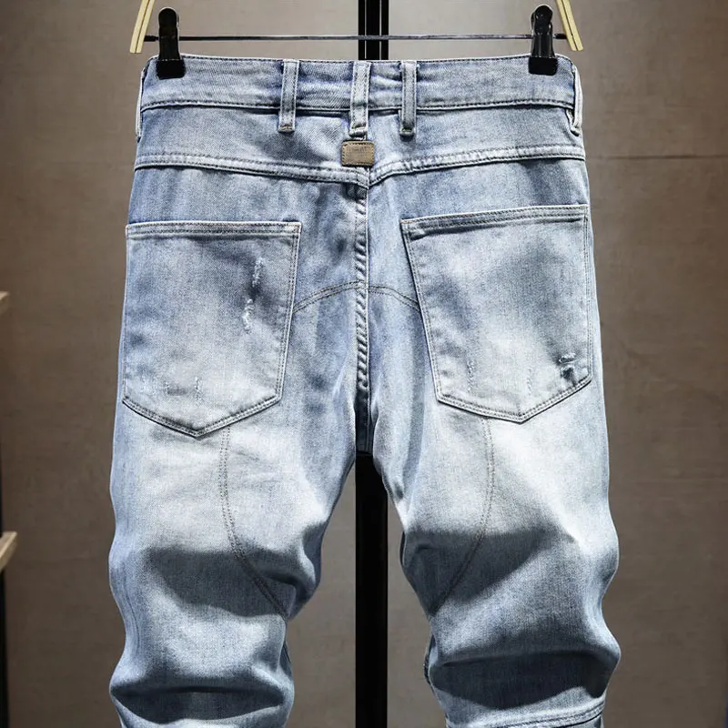Street Designer Fashion Men Jeans Retro Light Blue Stretch Slim Fit Spliced Ripped Jeans Men Zipper Patched Hip Hop Biker Pants