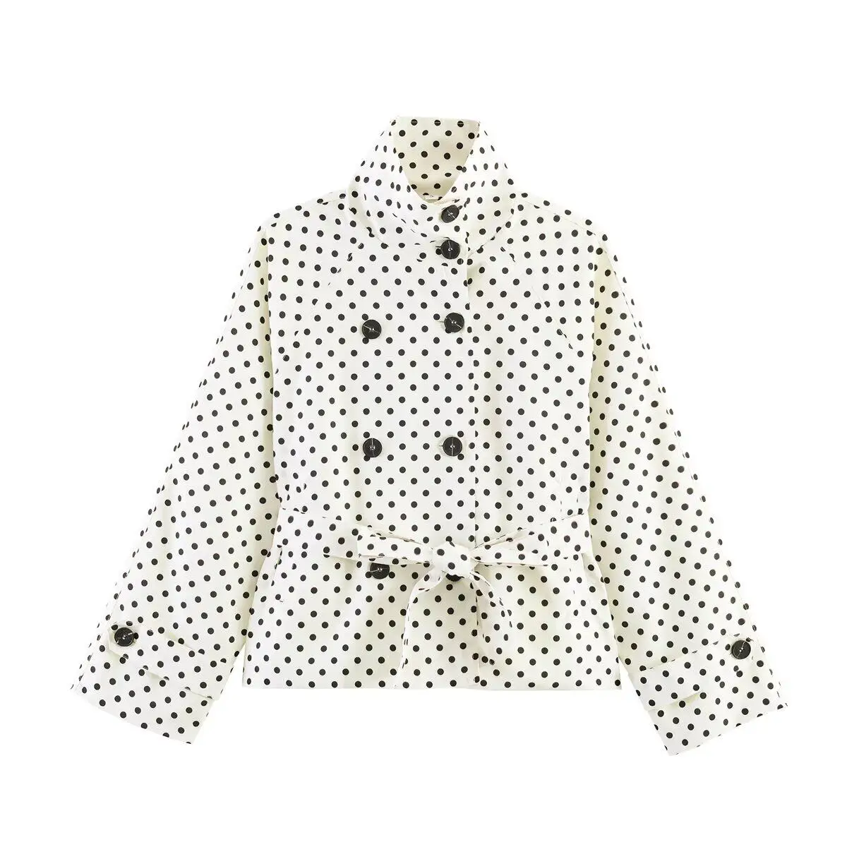 Spring New Arrival Women's Fashion Versatile Design Belted Polka Dot Coat Jacket Standard Fit Long Sleeve Polyester Fiber