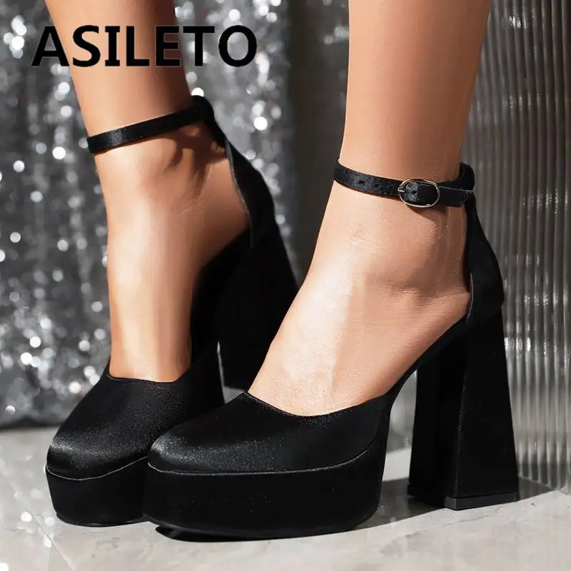 

ASILETO Design Women Pumps Round Toe Chunky Heels 12cm Platform 3.5cm Buckle Strap Satin Sexy Wedding Female Shoes Big Size 48