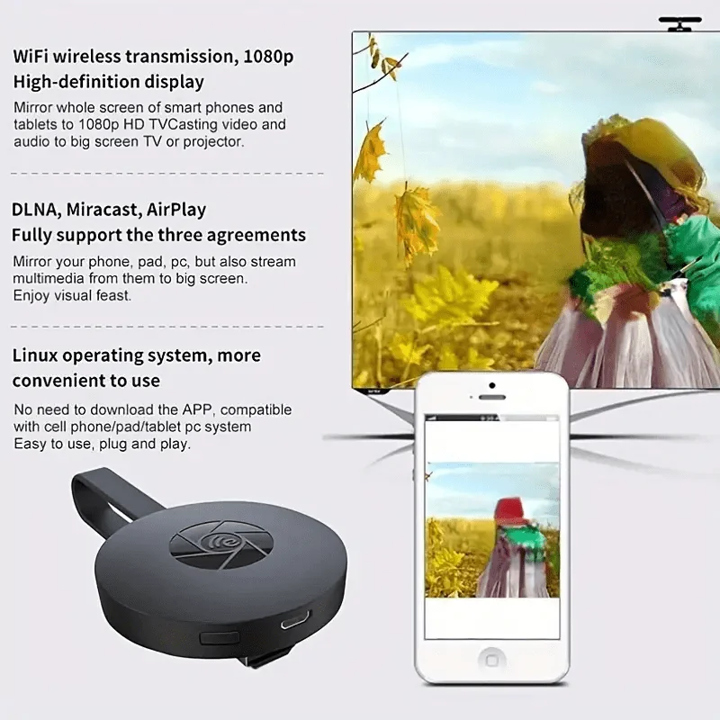 جهاز عرض لاسلكي صغير بدقة 1920x1080 جهاز HDMI للهاتف المحمول متصل بشاشة التلفزيون لنظام IOS وأندرويد ويندو
