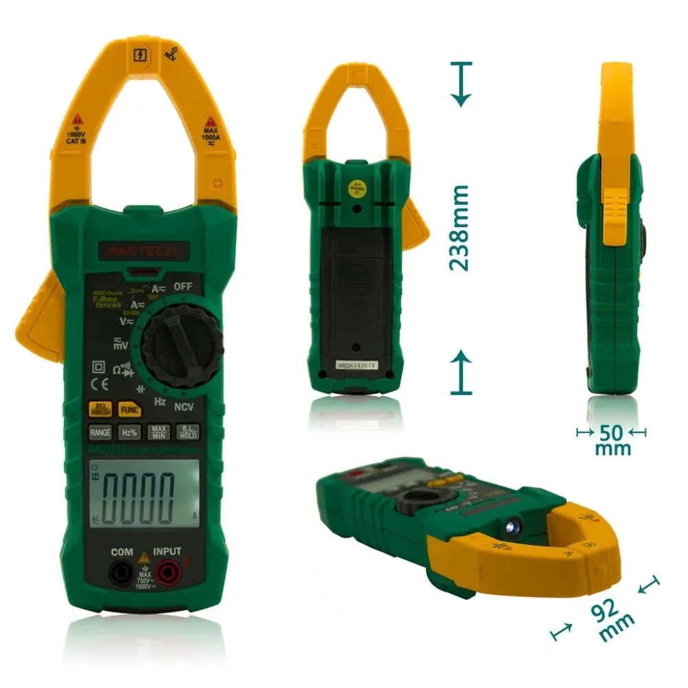 Mastech MS2115A Digital Clamp Meter 6000 Counts True RMS Multimeter AC/DC Voltage Current Tester with INRUSH and NCV Measurement