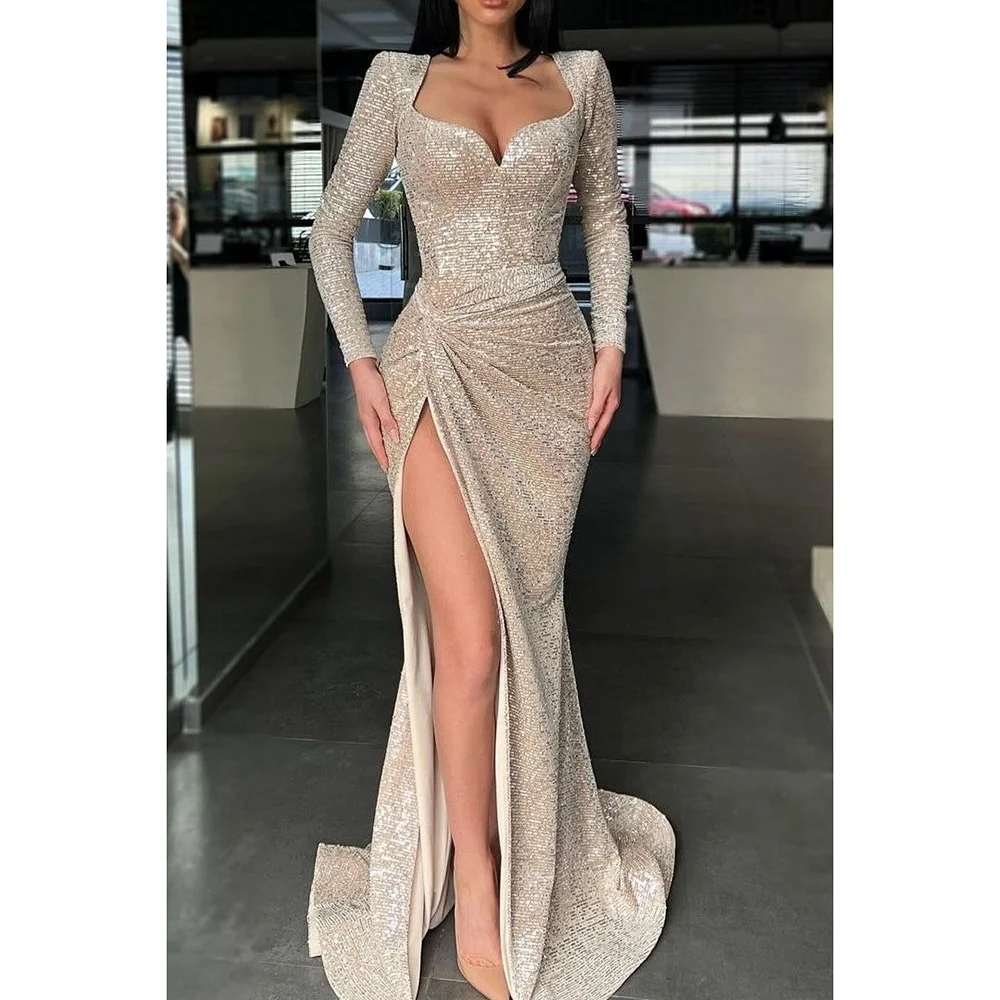 

Shinning Sparkle Sequin Applique Long Sleeves Women Evening Gown Mermaid Floor Length Side Split Prom Dress
