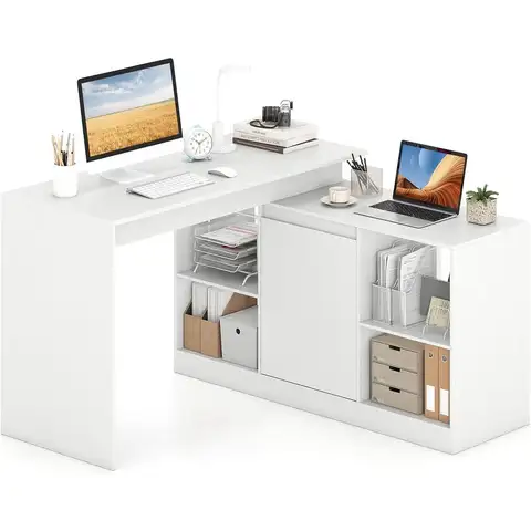 Adjustable L-Shaped Desk for Laptop and Office, with Dual-Function Cabinet and 4 Storage Spaces
