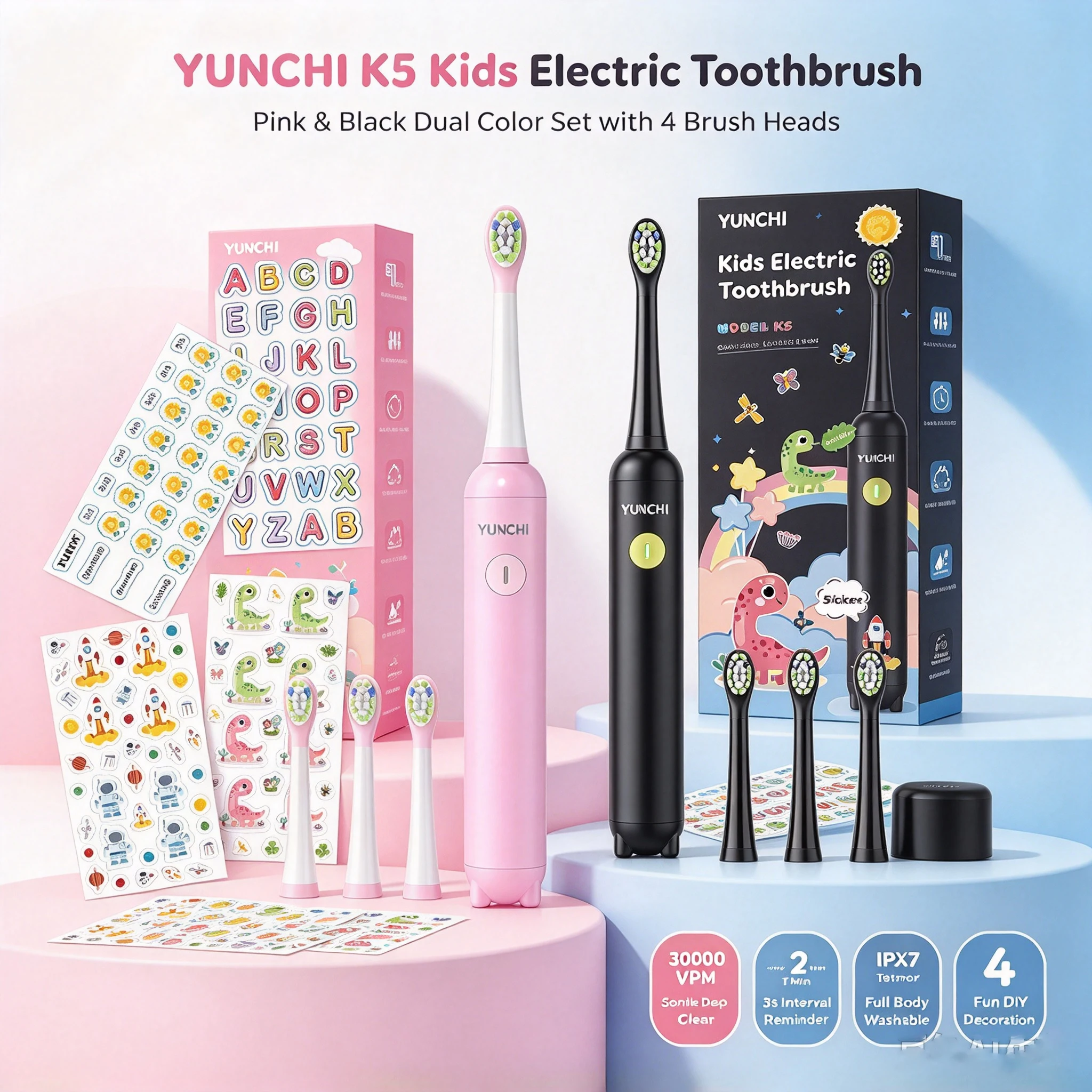 Yunchi K5 Kids Electric Toothbrush 3 Modes IPX7 Type-C Rechargeable 4 Brush Heads DIY Stickers