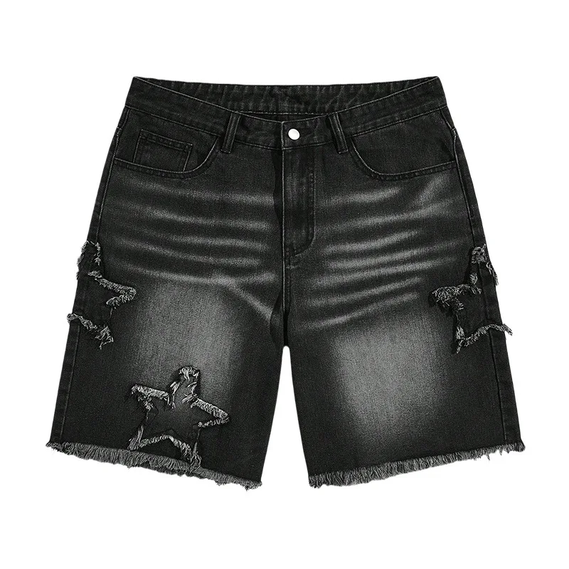 

Summer Men's Black Whiskers New Denim Shorts Casual Five Pointed Star Patch Splicing Jeans Shorts