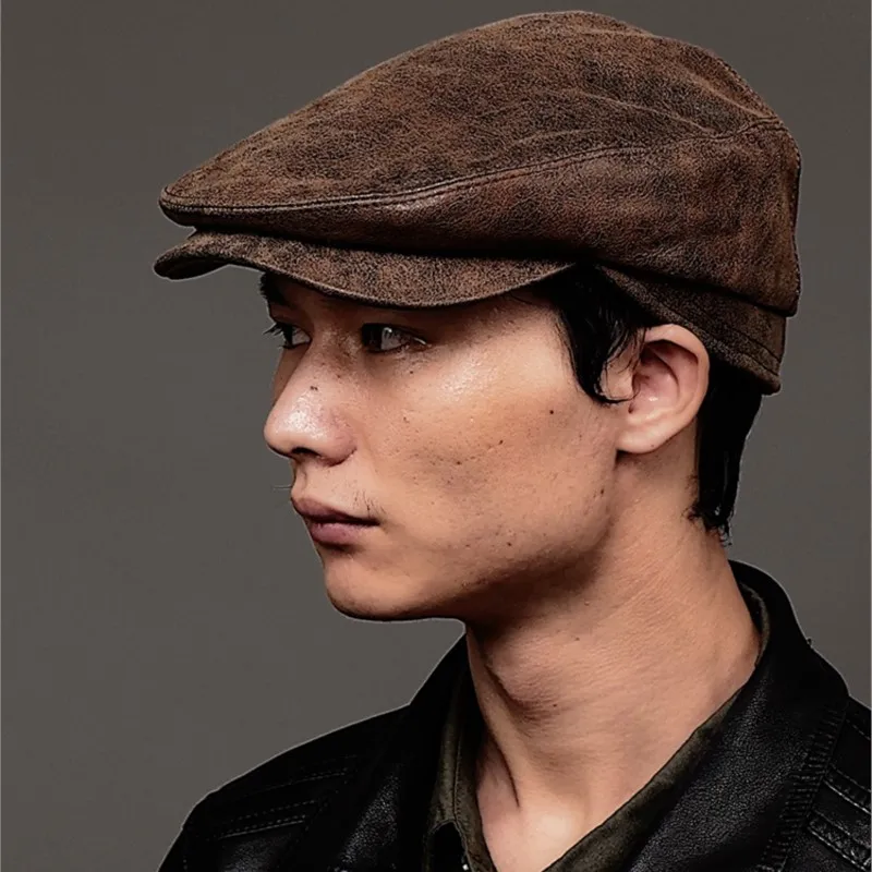 

Vintage leather forward hat for men and women Autumn winter art painter Beret newsboy Middle-aged elderly peaked cap