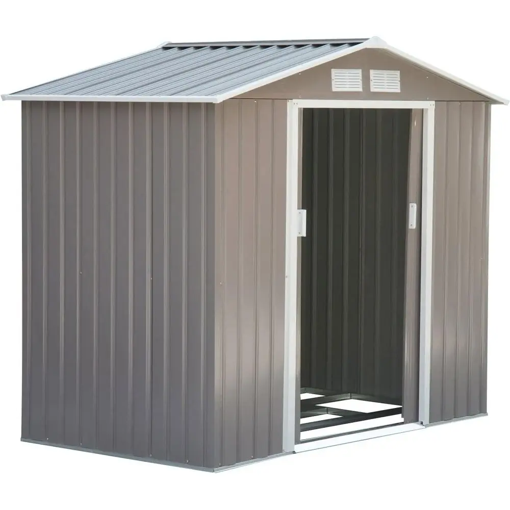 

Серый металлический сарай для улицы с комплектом фундамента, запирающимися двойными дверями, вентиляционными отверстиями и наклонной крышей для садовых инструментов и хранения