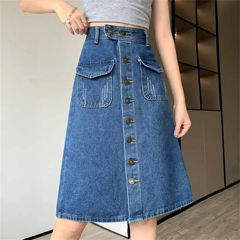 

2024 Spring Summer New Korean High Waisted Loose Women's Cowboy Half Skirt Fashion Elegant Temperament Ladies Denim Skirt 6XL