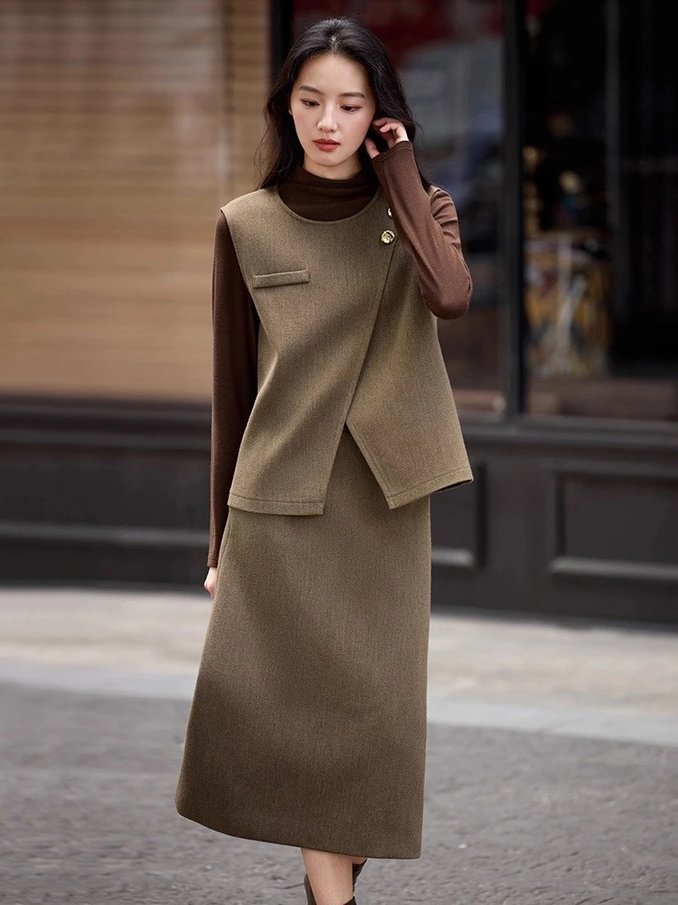 

SNETUBILA Elegant Commute Skirt Sets for Women 2025 Autumn Winter O-neck Sleeveless Vest Straight Skirts Two-piece Set 154ZA3653