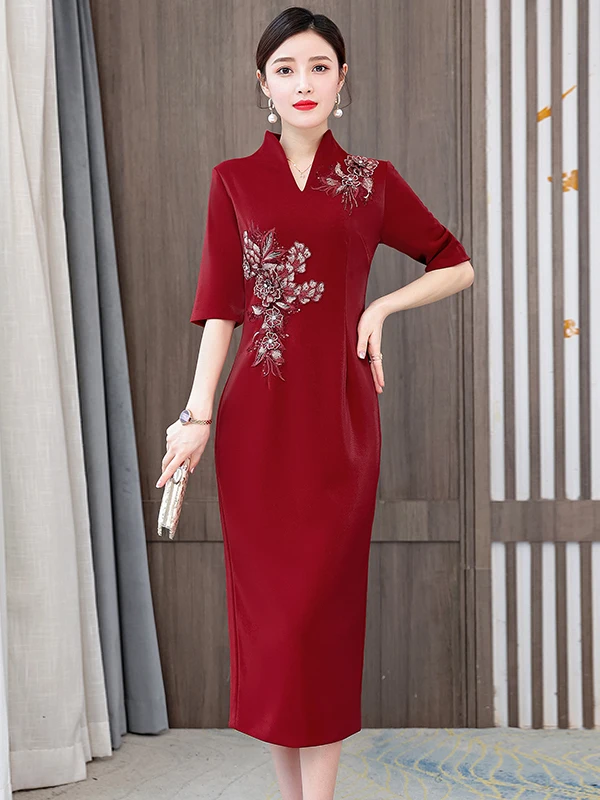 ele-satin-dr-wedding-celebration-mother-in-law-long-qipao-dr-mid-length-polka-dot-skirt-suit-for-women
