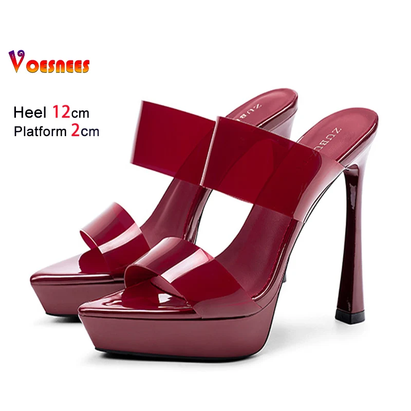

Летние прозрачные женские туфли из ПВХ на тонком каблуке 12 см, с платформой, винно-красные, женская обувь, остроносые босоножки