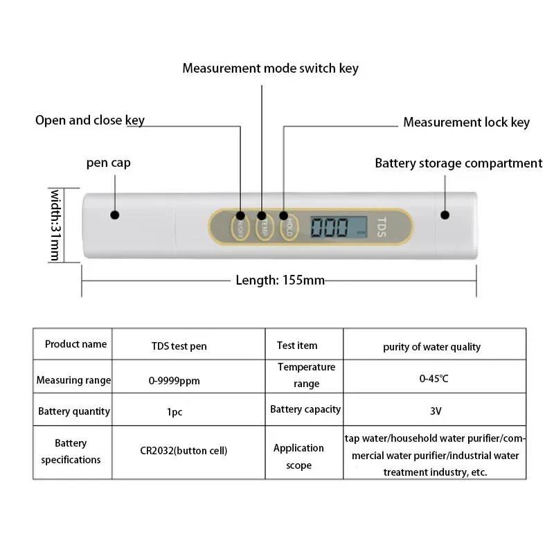 1pcs TDS Tester Digital Water Meter Filter Measuring temperature Water Quality Purity Drinking Water Aquariums 0-9999ppm