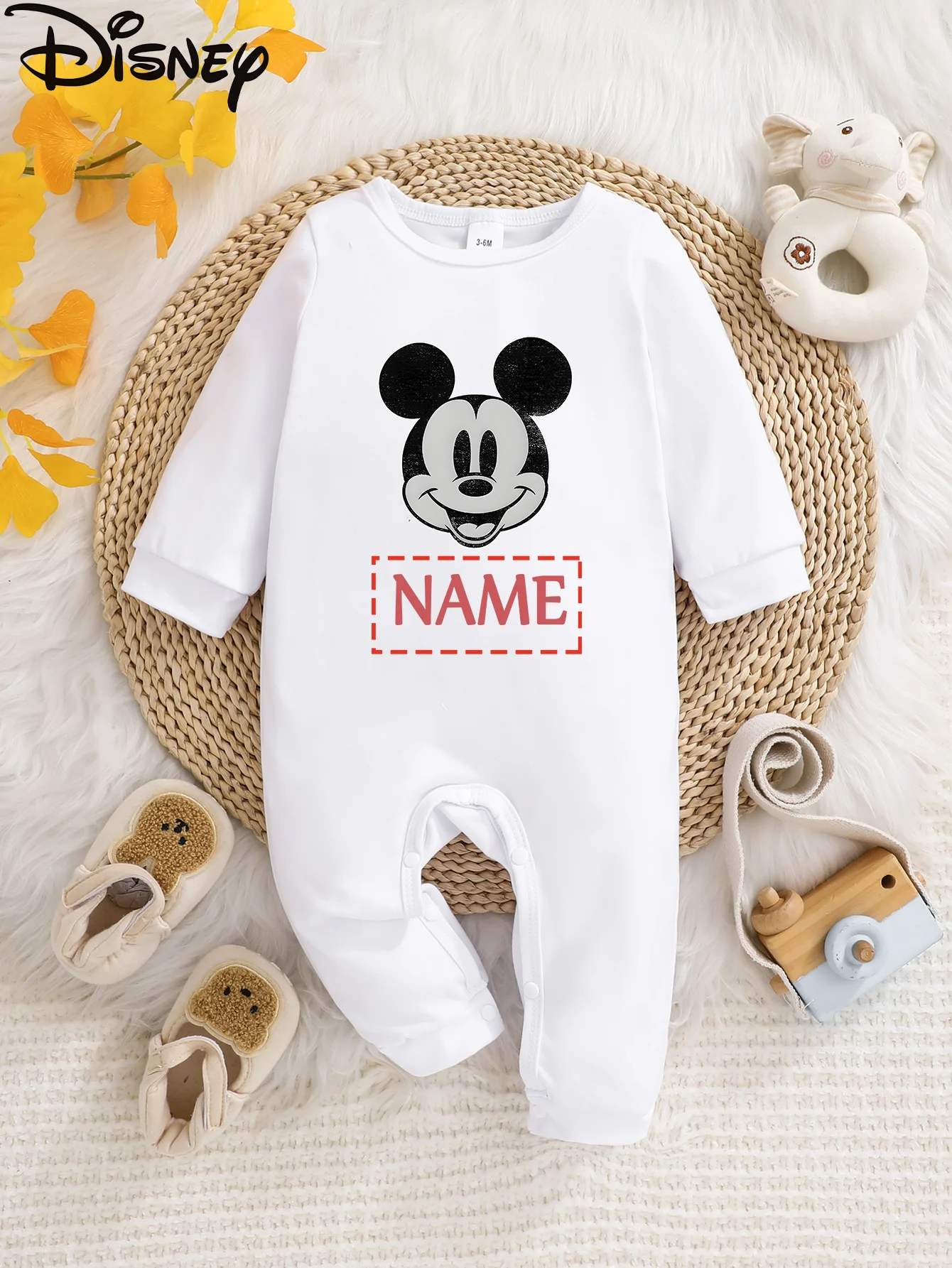 

【Официально лицензированный】 Детский комбинезон с длинными рукавами Disney с Микки Маусом, настраиваемый с поддержкой имени, мягкая ткань для легкого ухода
