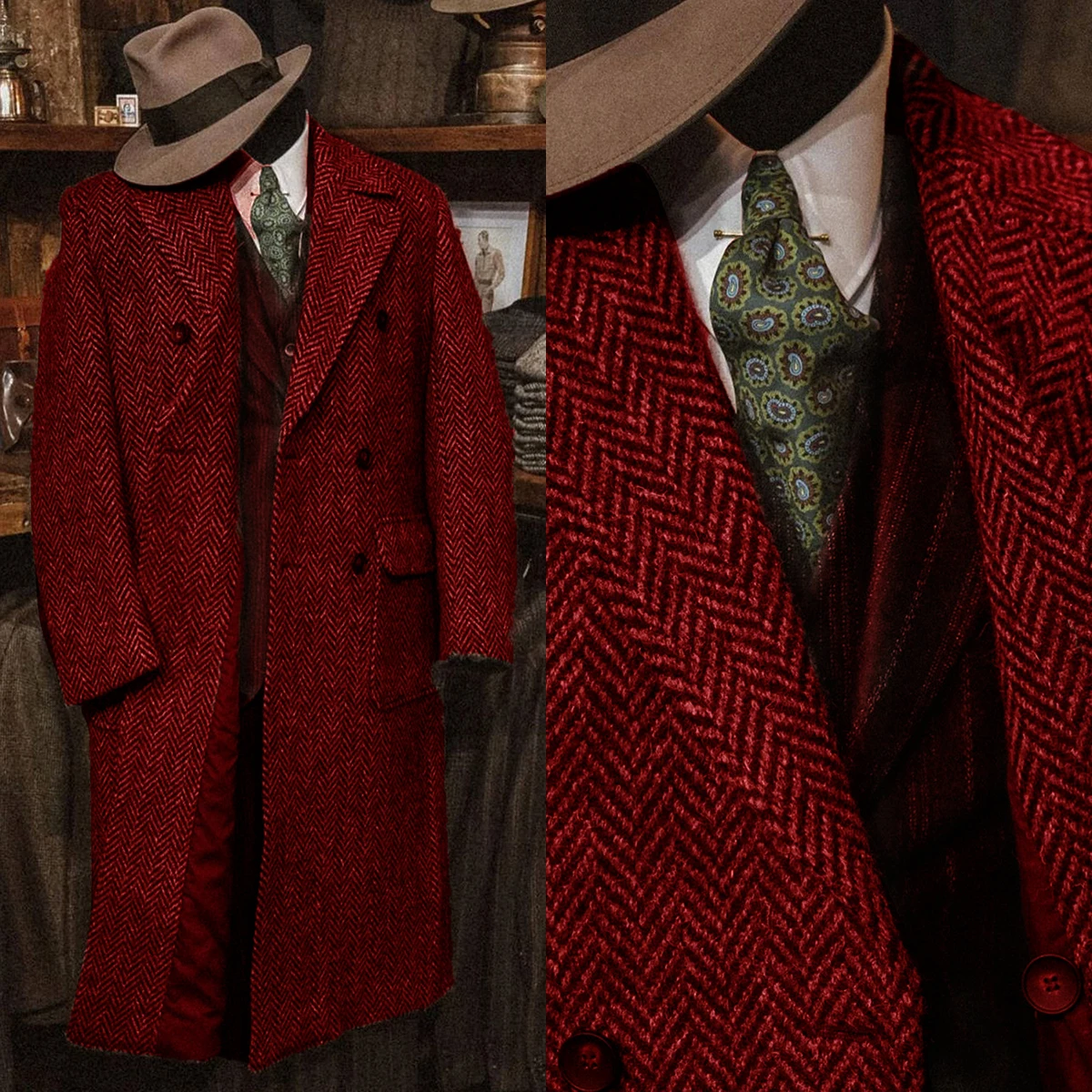 Classic Red Grey Herringbone Tweed Double-Breasted Overcoat with Flap Pockets Men Autumn Vintage Long Coat Customized M-M10159