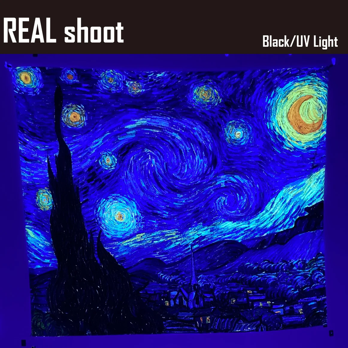 Blacklight Tapestry Starry Night By Van Gogh Wall Art Decor For Bedroom Aesthetic, Abstract Hippie Trippy Wall Hanging UV Reacti
