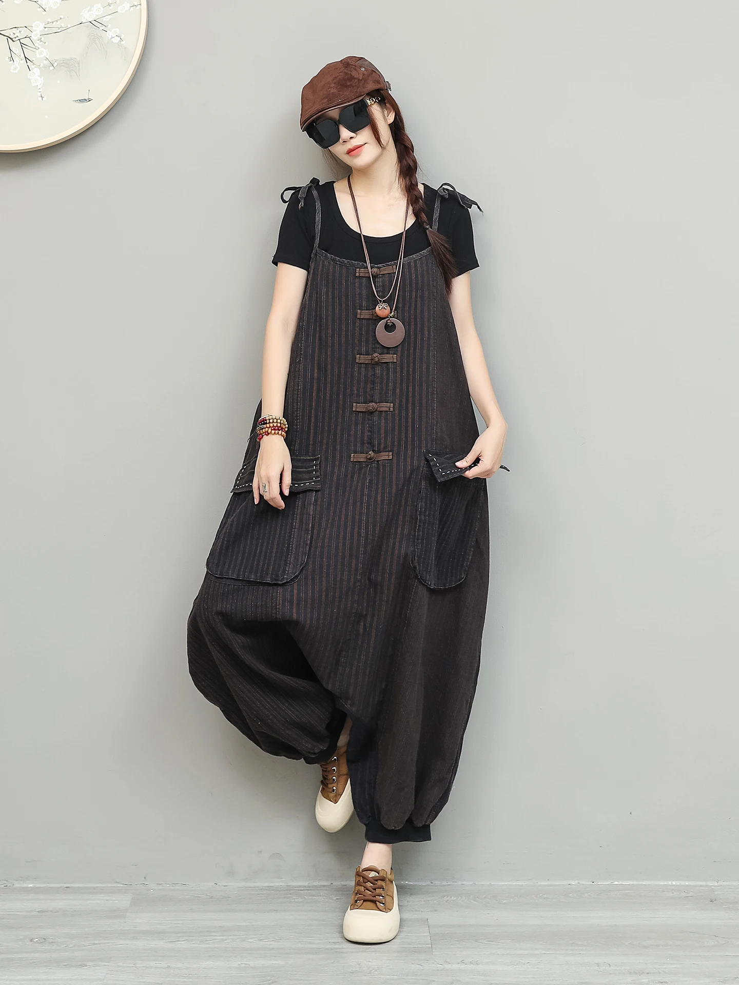 Vintage-style Simple Old Fabric Overalls Women 2026 Summer New Loose Large Pockets Suspender Jumpsuit LX5770 - Image 3