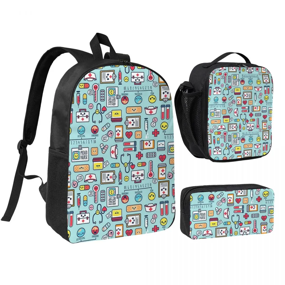 

Proud To Be A Nurse Surface Pattern Design Blue Backpack BookBag School Bag Shoulder Bags 3ps Insulated Lunch Bag Pencil Case