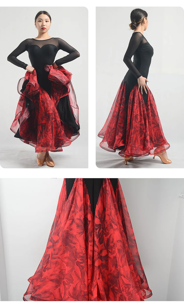 Modern dance ballroom dance Dress round collar big hem flowers printed chiffon slim fit fishbone hem large swing dress W22031