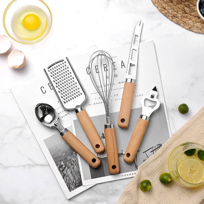 Kitchen Gadget Wooden Handle Stainless Steel Utensils Can Opener Peeler Garlic Press Cheese Grater Whisk Pizza Peeler Egg Beater