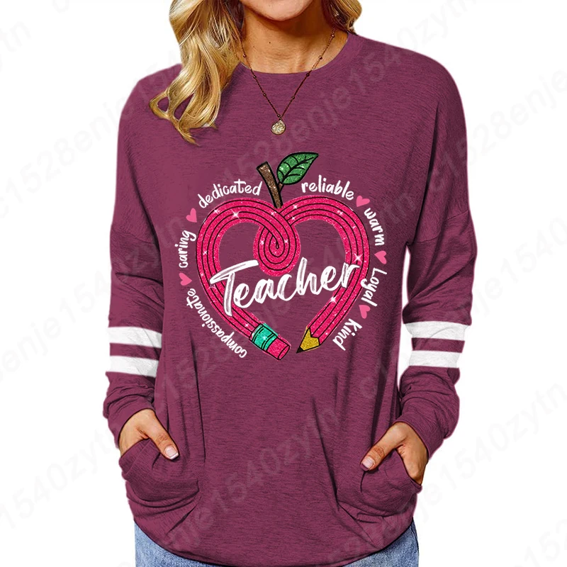 

Women's Long Sleeve Pocket T-Shirts Solid Color Pullover Teacher Heart Pencil Graphic Loose Sweatshirts Women Autumn Winter Tops