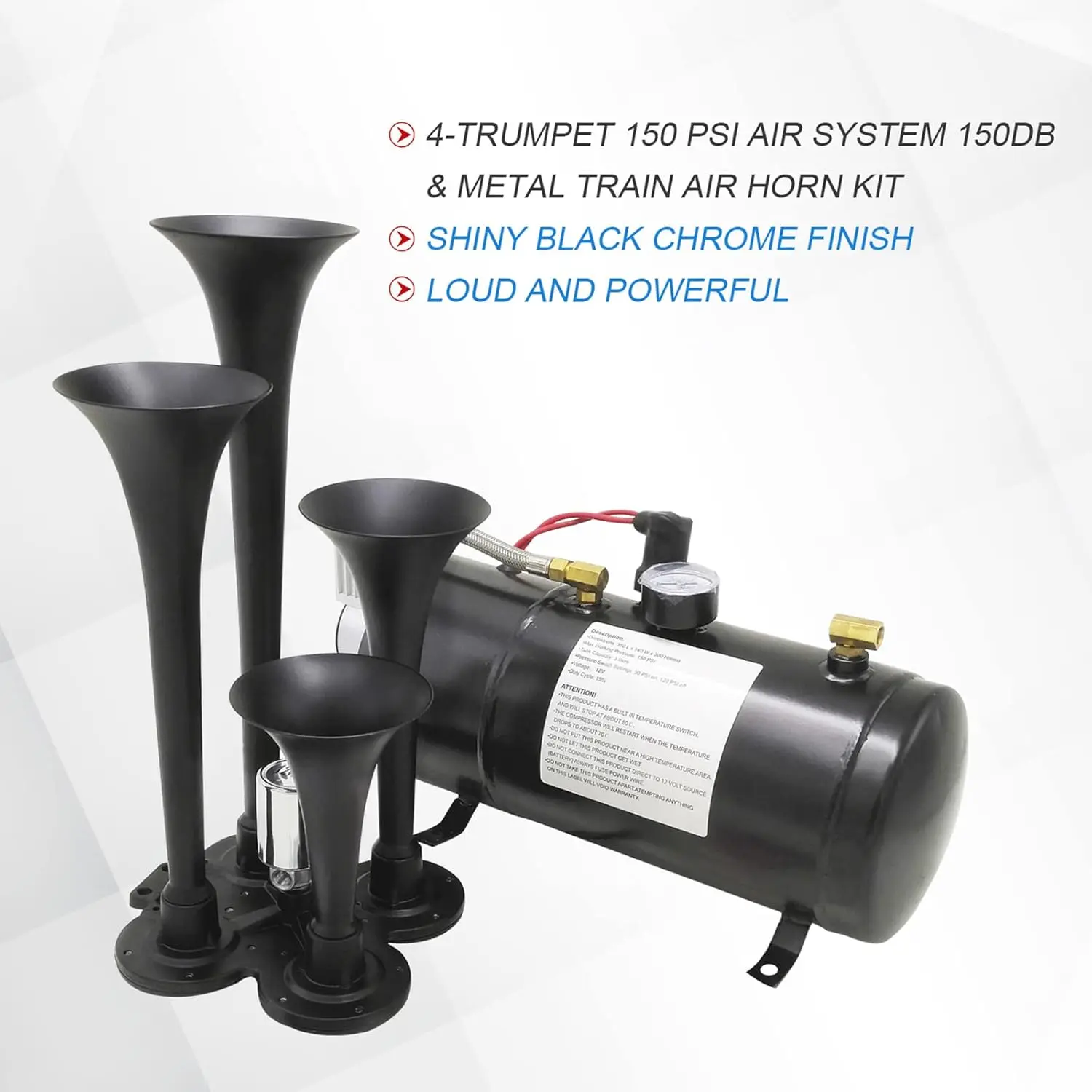 150DB 4 Trumpet Train Horns kit Super Loud Air Horn with 150 PSI 12V Air Compressor Air Horn Compressor Tank For Any Vehicle Tru