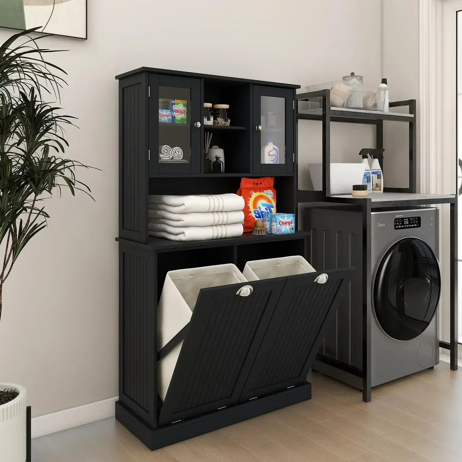 Black Laundry Hamper Cabinet With Two Removable Baskets Hidden Laundry Storage Furniture With Glass Doors For Bathroom Laundry R