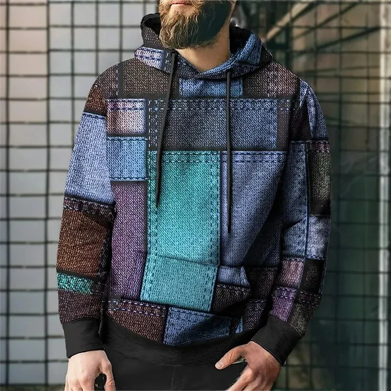 Simulation Stitching Plaid Pattern 3D Printed Hooded Sweatshirts For Men Color Block Pullovers Street Unisex Tops Unisex Hoodies