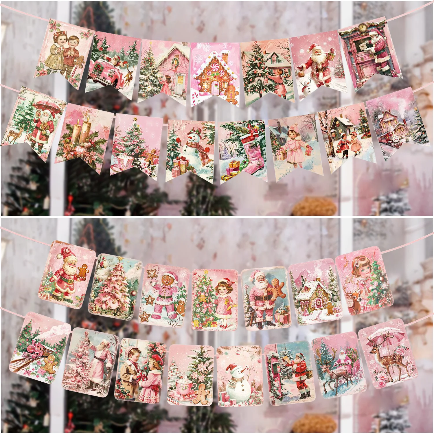 Pink Christmas Decoration Props Vintage Banner Flags Christmas Party Supplies Christmas Wall Hanging Decorations