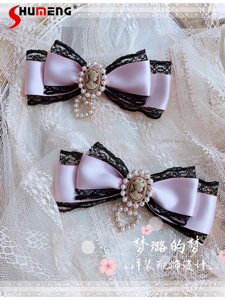 

Lolita Japan Cute Hair Bow Hair Accessories Woman CLA Series Beauty Head Lace Bow Hair Accessories Love Pearl Pendant Barrettes