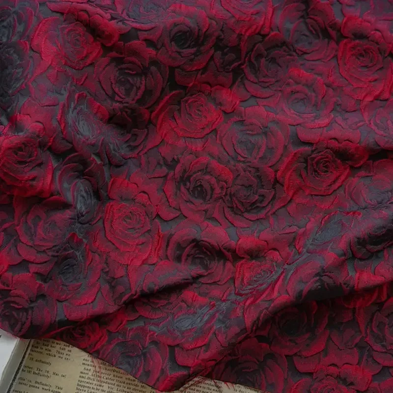 1x1.55cm Embossed Black Dark Red 3D Rose Jacquard Yarn Dyed Fabric for Women\'s Dress Suit Bag Diy Sewing Clothing