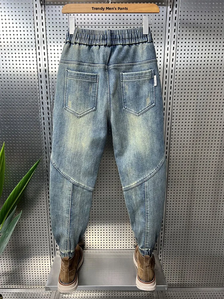 

Spring 2025 New Faion Men's Distred Blue Denim Jeans Harlan Pants Cuffed Waed out Sle Dstring Waist Youth Trend