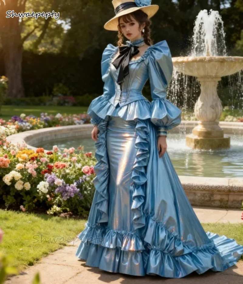 فستان حفلة موسيقية فيكتوري عتيق أزرق سماوي فاتح لامع ثوب مسائي مكشكش وأكمام طويلة مخصص زي تنكري للنساء #1
