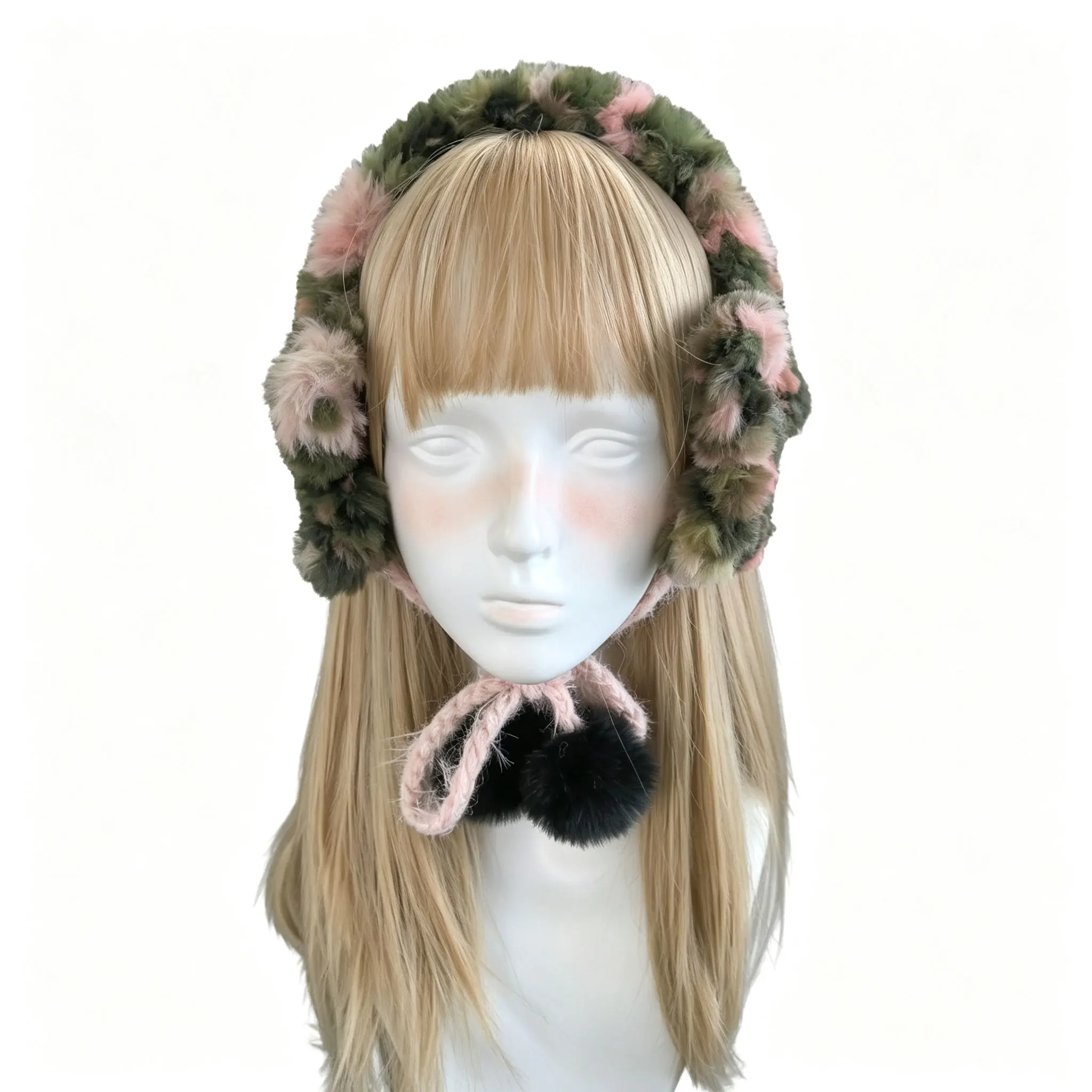 Handmade Pink Earmuffs Y2k Women Warm Soft Custom Crochet Pom Tie Knit Ear Cover Winter Fairy Sweet Lolita Casual Hair Accessory