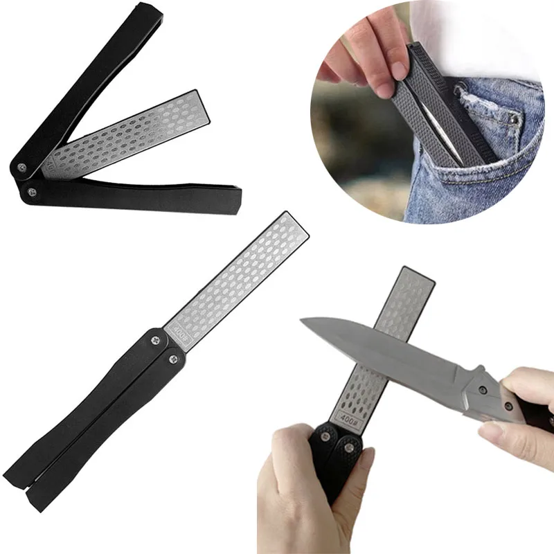 Afilador de cocina profesional portátil de doble cara, piedra para afilar cuchillos plegables de bolsillo, mango antideslizante