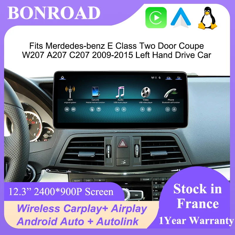 Bonroad 12.3" Wireless Carplay Android Auto Display For Mercedes Benz E-Class C207 W207 A207 2-Door Coupe 2009-2015 Mirror Link