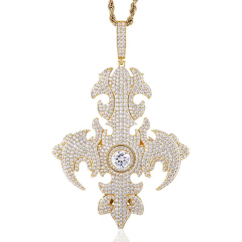 Hip Hop Moissanite Paved Bling Ice Out Flame Cross Pendants Necklace for Men Rapper Jewelry Gold Silver Color