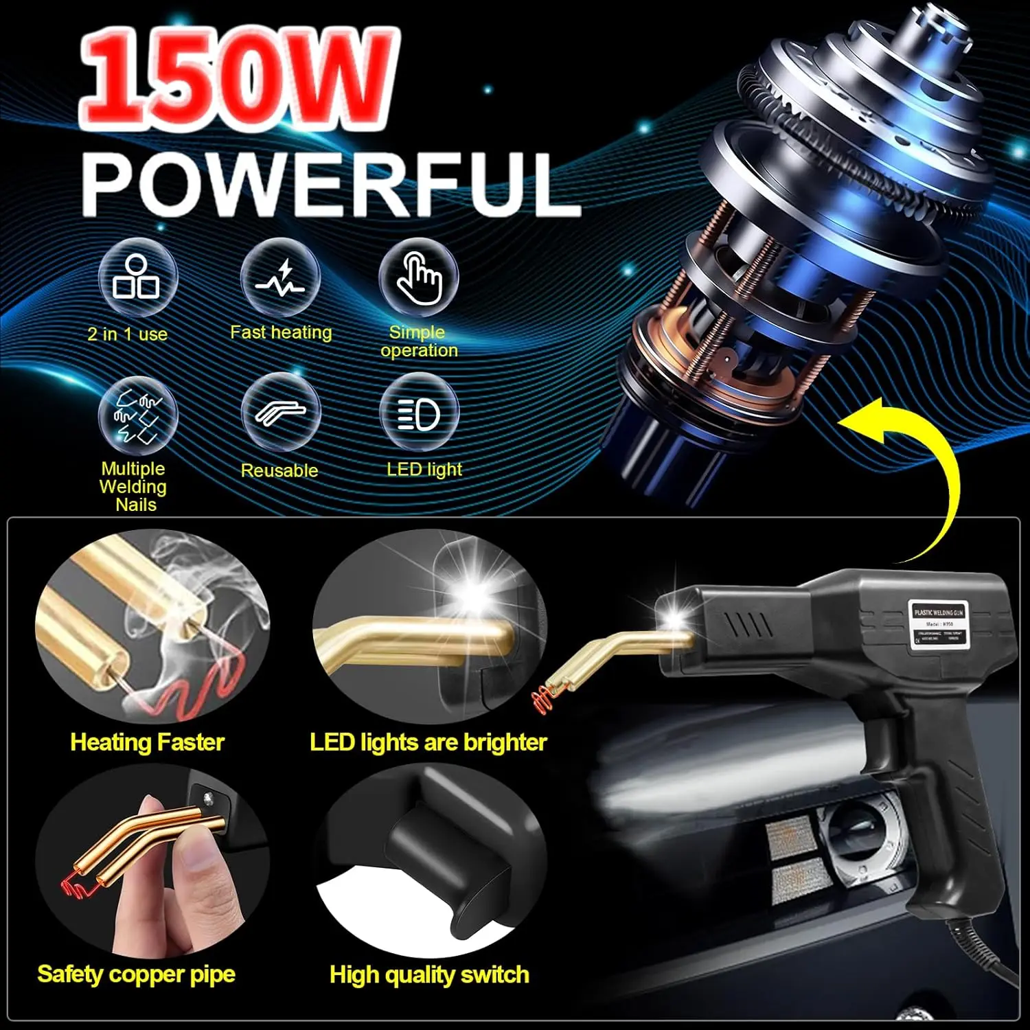 150W plastic welding machine, 2-in-1 plastic welding kit, plastic repair welding tool kit, 1000-piece hot stapler welding gun