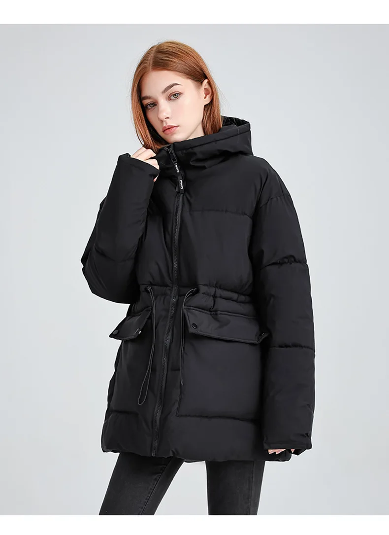 

Women Drawstring Hooded Cotton Jacket Casual Fashion Stand Collar Zipper Pocket Warm Coat Lady Winter Commute Street Outerwears