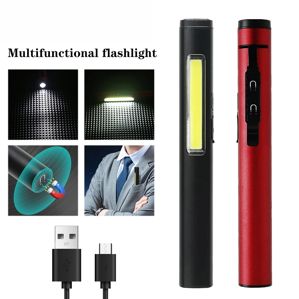 Mini LED XPE+COB Floodlight Flashlight 300LM Usb Rechargeable Built In Battery with Tail Magnet Torch Portable Keychain Pen Lamp